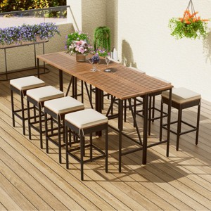 Acacia Wood Bar Height Dining Set,Outdoor Garden High Dining Bistro Set,Patio Foldable Bistro Dining Table with Stools and Cushion-Coolbibila - 1 of 4