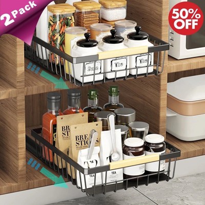 LunaLulinlk 2 Pack Slide Out Drawers for Cabinets, Pull Out Cabinet Organizer w/ Adhesive Nano Film, Pull-Out Spice Organizer for Kitchen Pantry