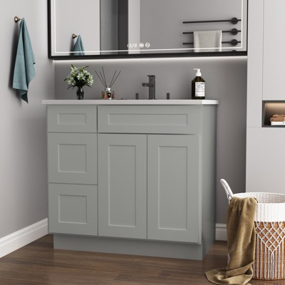 DOMETOUR 36 in. W x 21 in. D x 34.5 in. H in Shaker Grey Plywood Ready to Assemble Floor Vanity Sink Base Kitchen Cabinet with Left Door