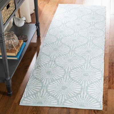Ivory and Light Green Handwoven Cotton Runner Rug