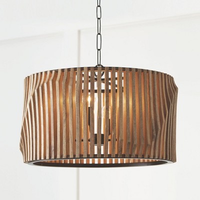 24" Light Wood and Matte Black Drum Pendant Light
