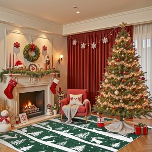 Christmas Area Rugs, Christmas Rugs with Xmas Tree Reindeer Snowflake for Holiday Decor,Low Pile Washable Rug for Dining Room, Bedroom - 1 of 4