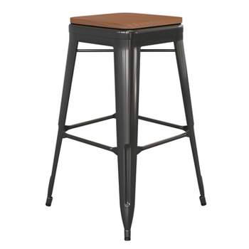 Flash Furniture Kai Commercial Grade 30" High Backless Metal Indoor-Outdoor Bar Height Stool with Poly Resin Wood Seat