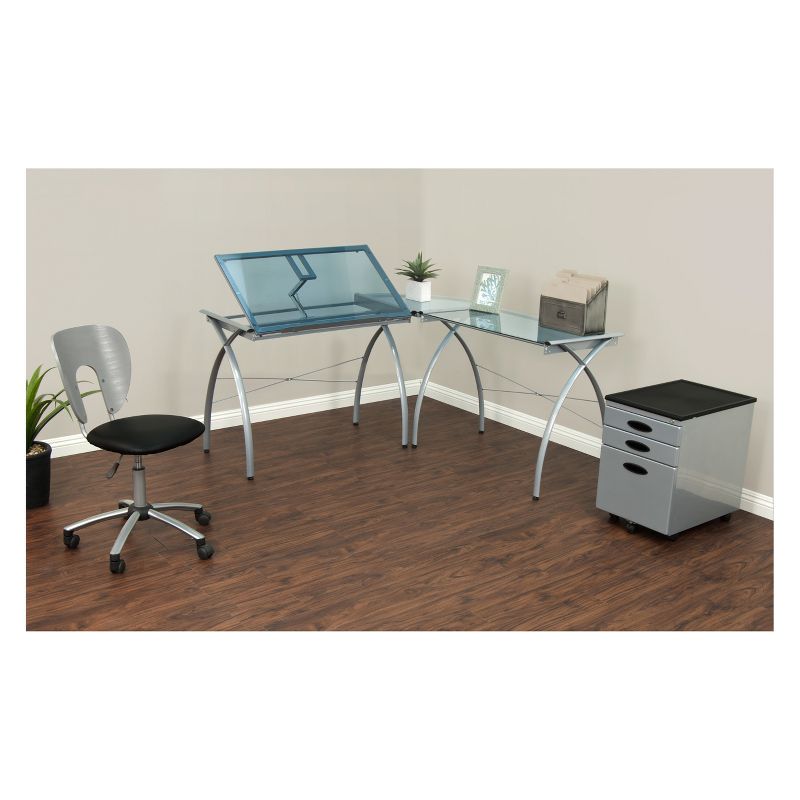 Futura L-Shaped Desk with Adjustable Top - Silver/Blue Glass, 5 of 7