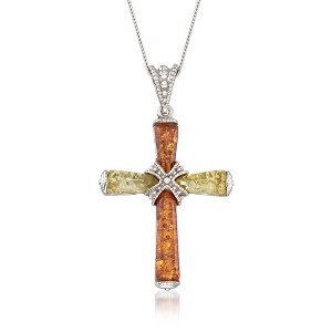 Ross-Simons Two-Tone Amber Cross Pendant Necklace in Sterling Silver - 1 of 2