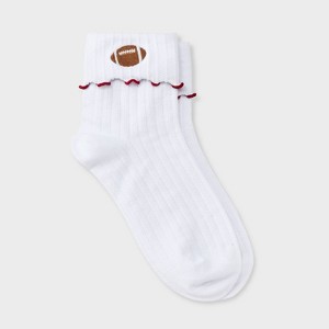 Women's Game Day Embroidered Football Pointelle Bobby Socks with Lettuce Edge Cuff - Wild Fable™ - 1 of 3