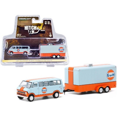 1972 Ford Club Wagon Van with Enclosed Car Trailer Light Blue and Orange "Gulf Oil" "Hitch & Tow" Series 20 1/64 Diecast Model by Greenlight