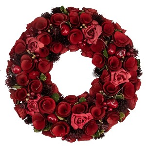 Northlight Red Wooden Rose and Berry Artificial Wreath, 13-Inch, Unlit - 1 of 3