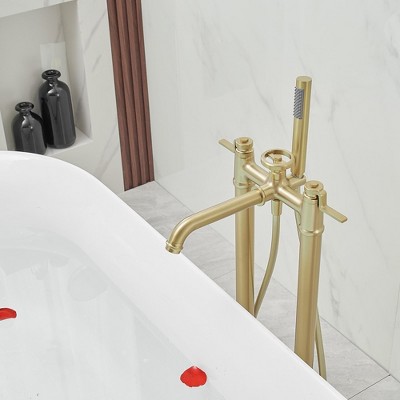 Brushed Gold 2-Handle Deck-Mount Roman Tub Faucet with Hand Shower