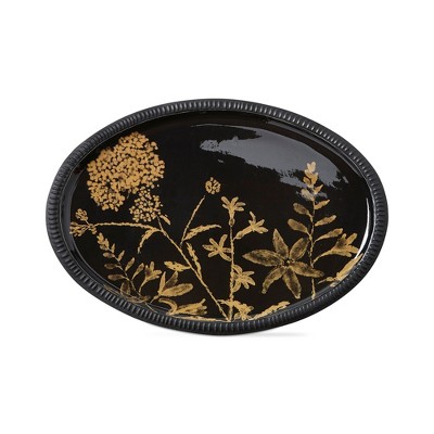 tagltd Field Flower Tray Black with Gold Flower Print Decorative Tray, Iron 15.68L x 11.5 inch