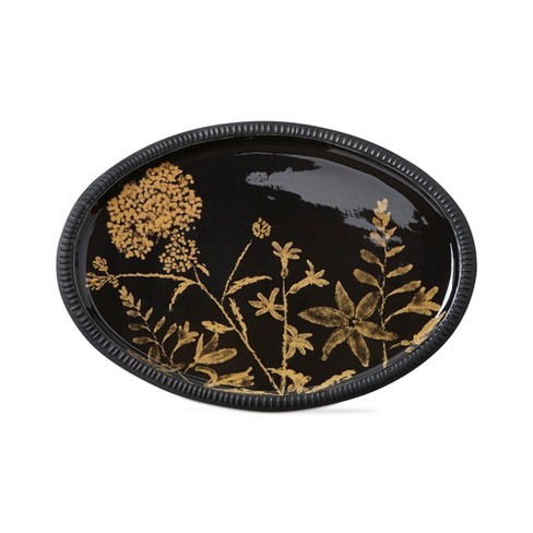 tagltd Field Flower Tray Black with Gold Flower Print Decorative Tray, Iron 15.68L x 11.5 inch - image 1 of 2