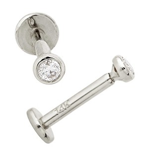 Jewelry Avalanche Unisex 14K Gold Bezel Set 2mm Moissanite Labret Studs, Monroe, Lip Ring, 16G - 1 of 4