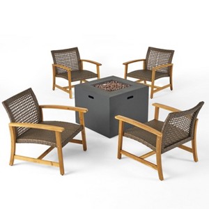 Christopher Knight Home Augusta Outdoor Acacia Wood and Wicker 5 Piece Club Chair and Fire Pit Set - 1 of 4