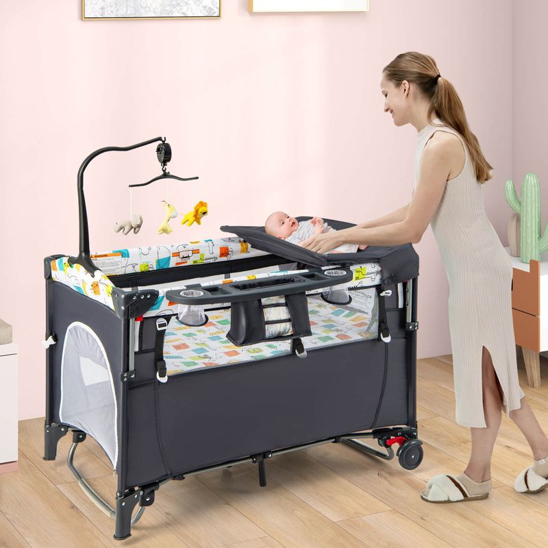 Costway 5 in 1 Baby Nursery Center Foldable Toddler Bedside Crib w/Music Box, 4 of 11