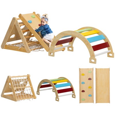 Qaba Toddler Climbing Toys Set, Indoor Pikler Set with Ramp, Wooden Montessori Climbing Set