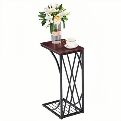 FONTOI Wood End Table with Black Metal Frame,C-type Table with Cross Line, Brown, 12"*21.3"*8.3"