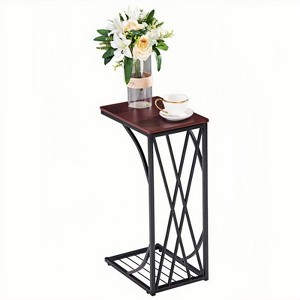 FONTOI Wood End Table with Black Metal Frame,C-type Table with Cross Line, Brown, 12"*21.3"*8.3" - 1 of 4
