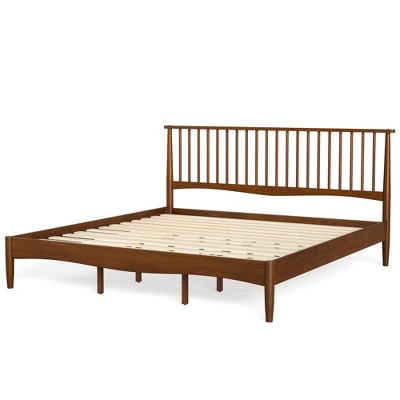 Arceso 86" Wood Bed Frame with Spindled Headboard, Platform Bed Frame Queen Size Mid Century Foundation with Solid Wood Slat Support, Light Walnut