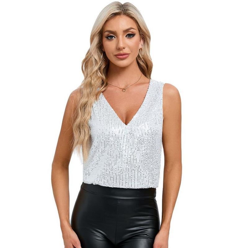 Women's Sparkly Sequin Sleeveless Tank Top - Deep V Backless Sexy Top Wrap Glitter Party Shirt for Holiday, 2 of 9