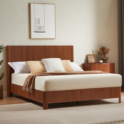 Sapphtopaz Wooden Queen Size Bed Frame with Corrugated Curved Lines Platform Bed with Headboard & Iron Frame for Bedroom,No Box Spring Needed