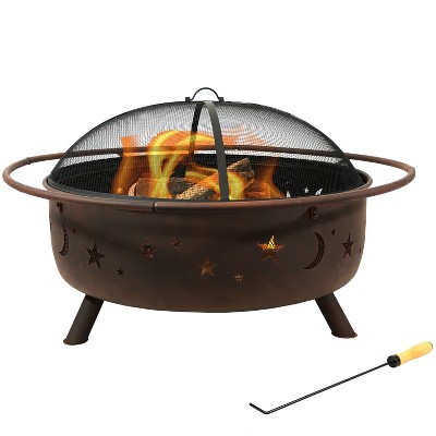 Sunnydaze Outdoor Camping or Backyard Steel Round Cosmic Fire Pit with Spark Screen, Log Poker, and Wood Grate - 42" - Black