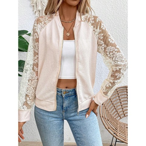 Женские куртки YesFashion Women's Lightweight Jacket Contrast Lace Zip Up Bomber Tops Raglan Long Sleeve Fall Outerwear beige 2XL
