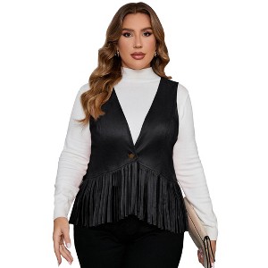 MISSKY Women's Plus Size Studded Fringe Trim Open Front Sleeveless Faux Suede Vest Jacket - 1 of 4