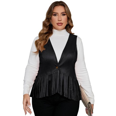 MISSKY Women's Plus Size Studded Fringe Trim Open Front Sleeveless Faux Suede Vest Jacket - image 1 of 4