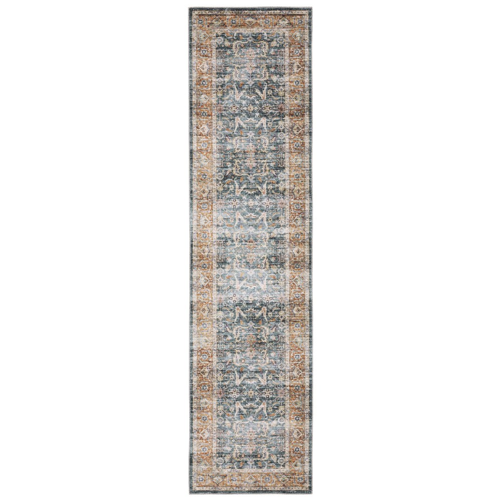 2'x8' Colette Washable Bordered Oriental Indoor Area Rug Blue/Rust - Captiv8e Designs