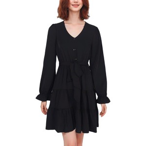 Anna-Kaci Women's Ruffle Chiffon V-Neck Bell Sleeves Beltd Midi Flowy Swing Skater Dress - 1 of 4