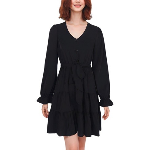 Anna kaci Women s Ruffle Chiffon V neck Long Elastic Bell Sleeves Beltd Midi Flowy Swing Skater Dress Target