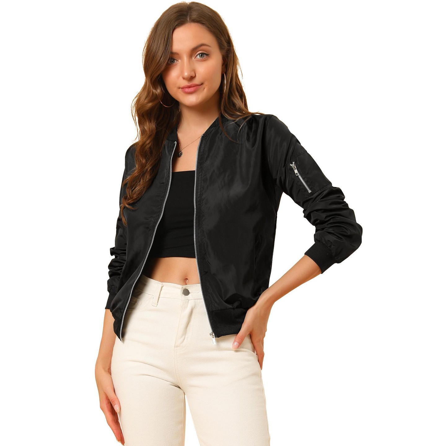 Женская куртка Allegra K Bomber Jacket Casual Lightweight Zip-Up with Pockets Small Black, цвет: Чёрный — фото 1