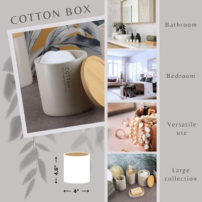 Beige Polyresin Cotton Pad Holder with Bamboo Lid