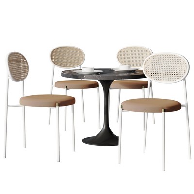 LeisureMod 5-PC Dining Set - 36" Round Dining Table Sintered Stone Top & Black Pedestal, 4 Velvet Dining Chairs in White Steel Legs