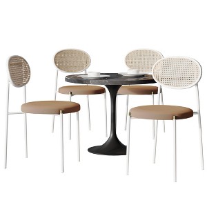 LeisureMod 5-PC Dining Set - 36" Round Dining Table Sintered Stone Top & Black Pedestal, 4 Velvet Dining Chairs in White Steel Legs - 1 of 4