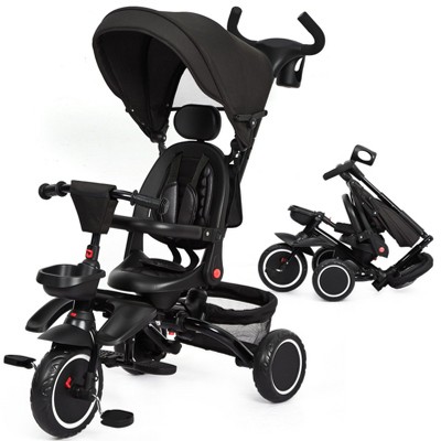 Acekool 7-in-1 Folding Toddler Tricycle with Adjustable Push Handle, Safety Harness, Brake, Rotatable Seat, Canopy, Storage & Cup Holder for Ages 1-5