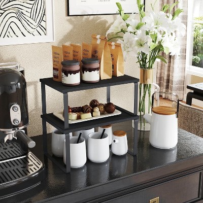 LunaLulinlk 2-Tier Stackable Kitchen Shelf Organizer – Adjustable Countertop Storage for Spices, Utensils, Expandable Metal, Wood Design, Black
