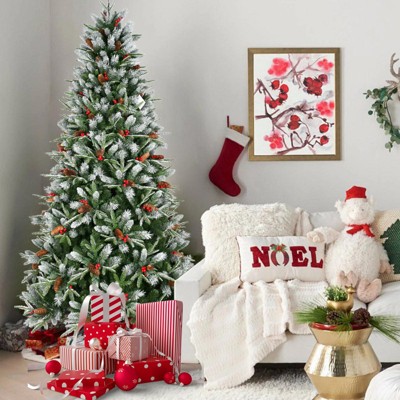 NAYSAYE Christmas Tree Stand 9FT Tree with Red Berries and Pine Cones for Natural Holiday Decor, Green and White, 60"*108"*45.98"