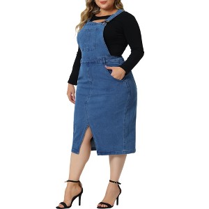Agnes Orinda Women's Plus Size Overall Classic Adjustable Straps Midi Slit Hem Denim Dresses - 1 of 4