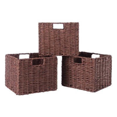 Walnut Wood Storage Bench with Woven Baskets