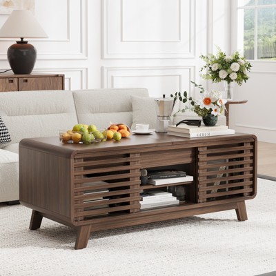 Buenhomino Mid-Century Modern Coffee Table – Wood Accent Table with Slatted Sliding Doors, Hidden Storage & Open Shelf for Living Room or Office