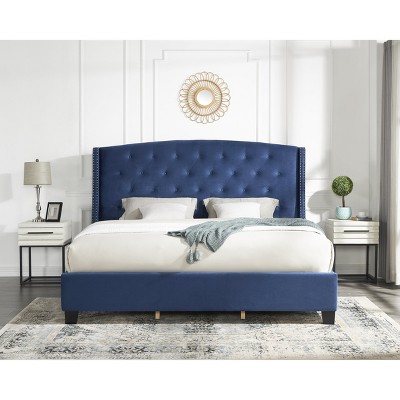 Roundhill Furniture Fentina 3-Piece Upholstered Bedroom Set, Tufted Velvet Wingback Bed with Two Nightstands