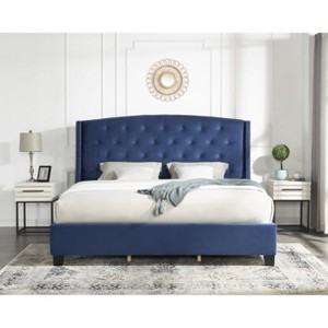 Roundhill Furniture Fentina 3-Piece Upholstered Bedroom Set, Tufted Velvet Wingback Bed with Two Nightstands - 1 of 4