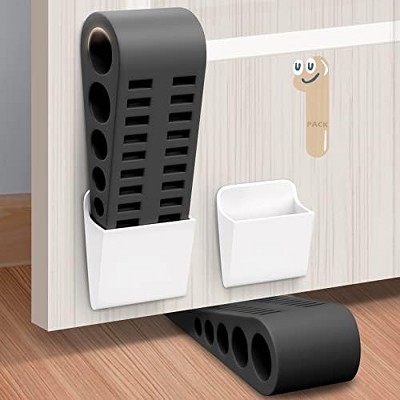 DOMETOUR Rubber Door Stoppers 4 Pack with Holder, Heavy Duty Wedge for Home Office Garage, Works on Carpet, Tile, Wood, Concrete, White