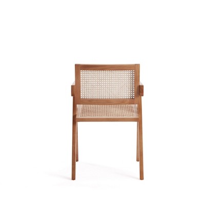 High-Back Natural Cane and Rattan Arm Chair with Ash Wood Base