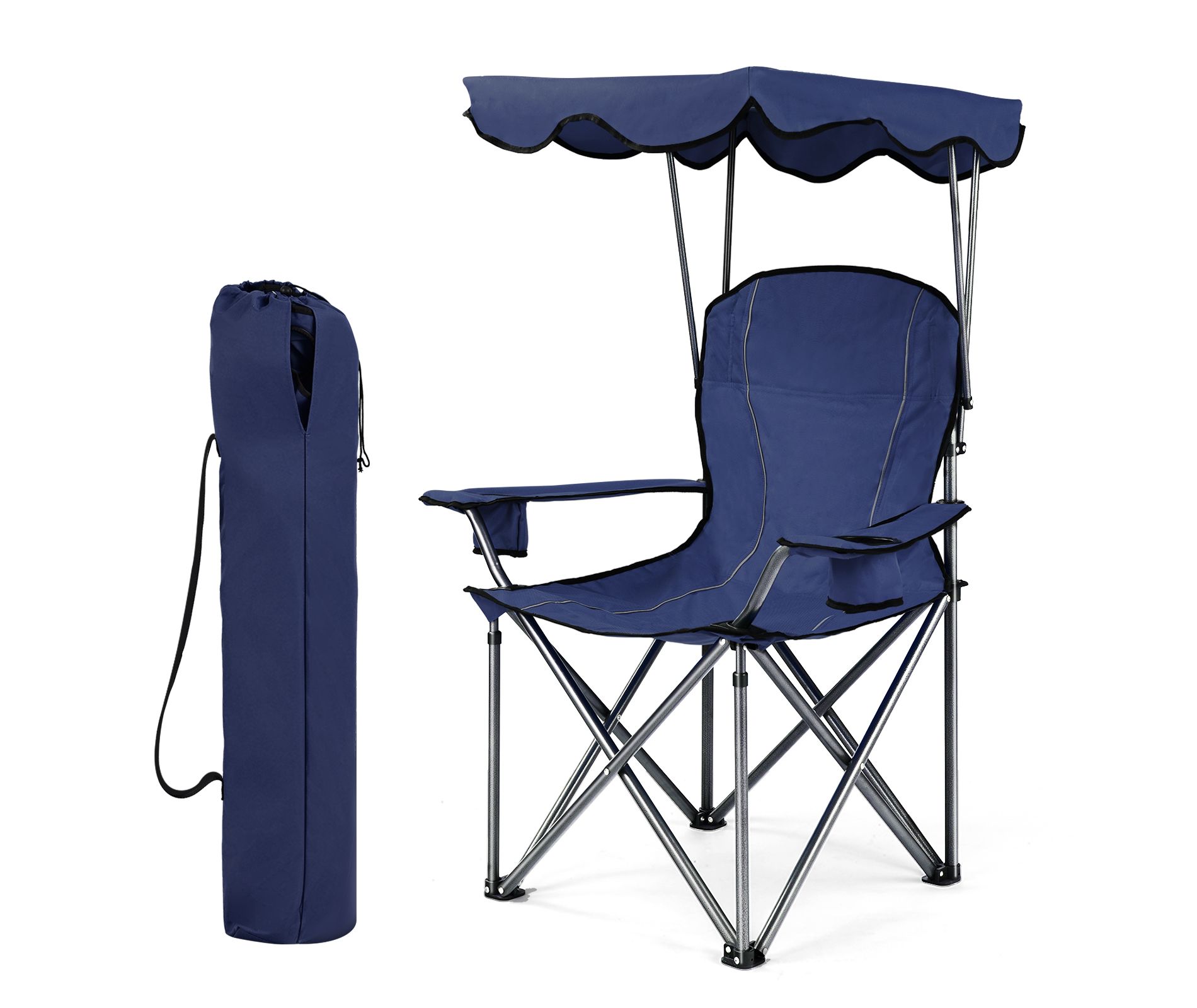 Gymax Folding Beach Chair Heavy Duty Camping Chair Outdoor Patio Seat with Cup Holder and Carry Bag Blue
