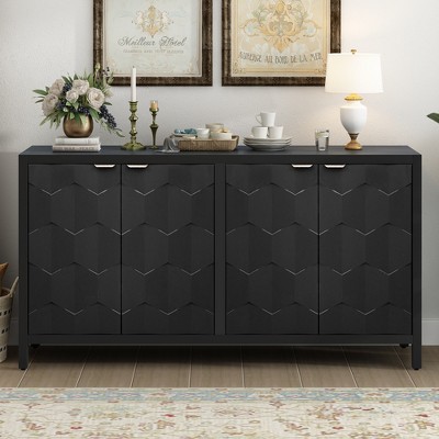 MDF Four-Door Sideboard with Honeycomb Patterned Doors, Vintage Metal Handles and Ample Storage for Study, Entrance, or Living Room