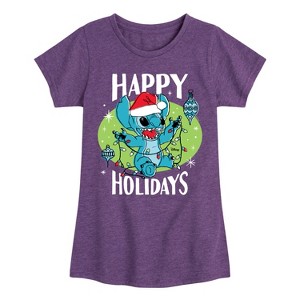 Girls' - Lilo and Stitch - Happy Holidays Christmas Fitted Short Sleeve Graphic T-Shirt - 1 of 4
