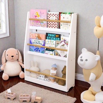 White 3-tier kids bookshelf with books and toys in a child’s room