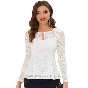 INSPIRE CHIC Women's Floral Lace Front Peplum Hem Keyhole Sheer Long Sleeve Blouse - 1 of 4